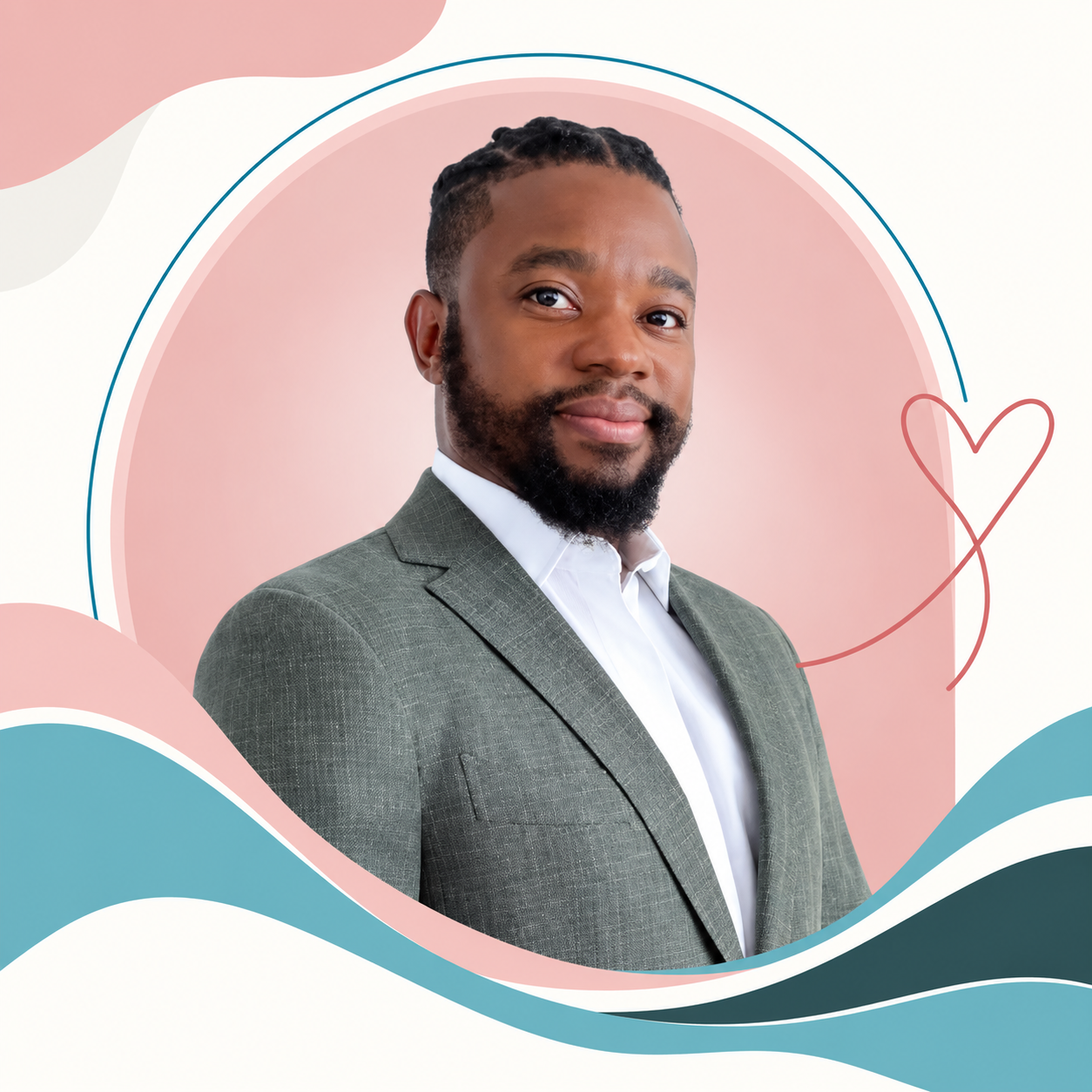 Ackeem Carto in a gray blazer with the Willa Mae Wellness frame