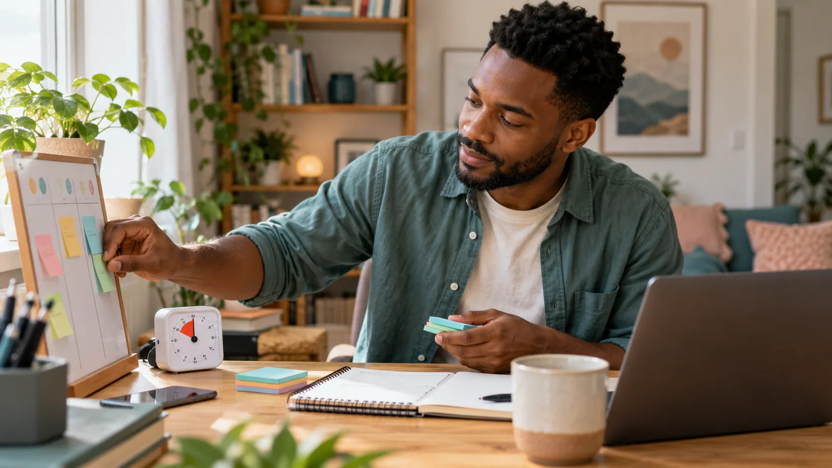 Man using a visual planner to organize tasks at home