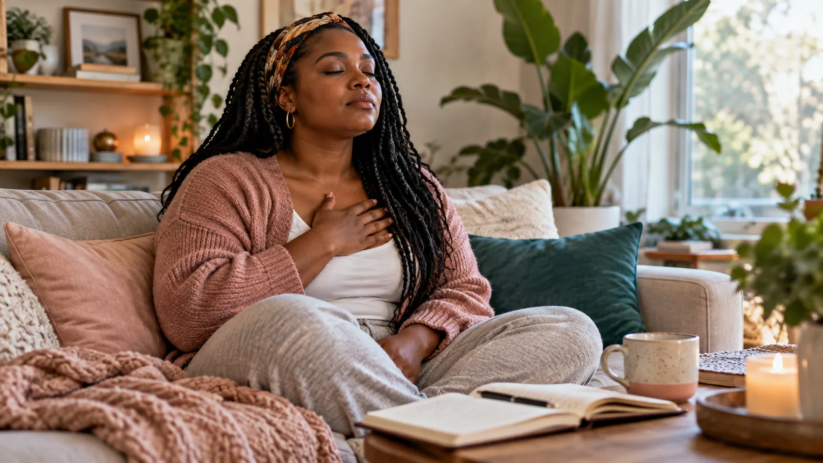 Woman taking a grounding breath at home with a journal nearby