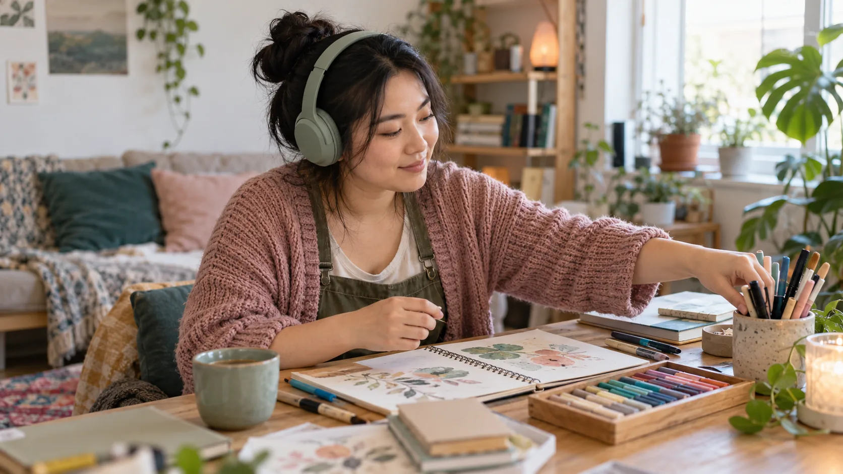 Woman wearing headphones and arranging art supplies in a comfortable home space