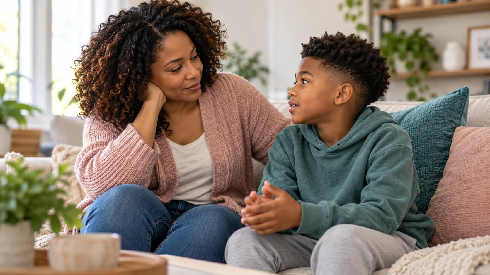 Mother and son reconnecting through conversation at home