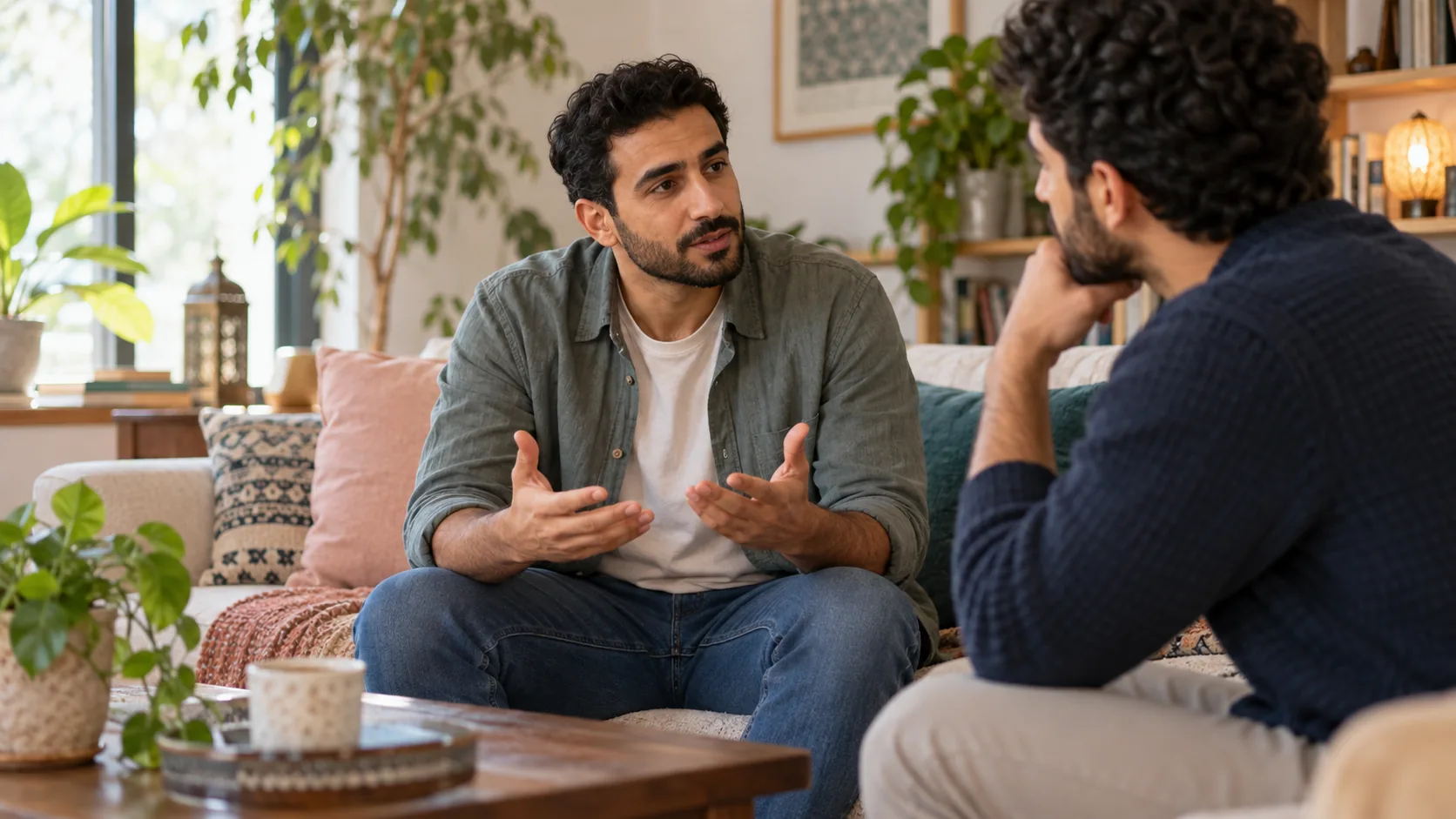 Two men having a calm, respectful conversation at home
