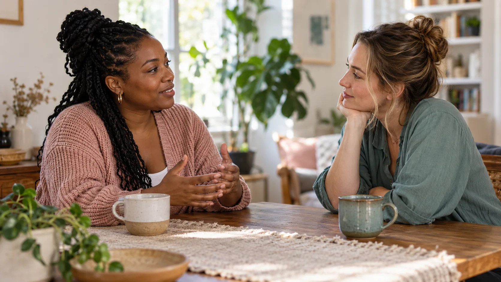 Two women listening and talking across a table