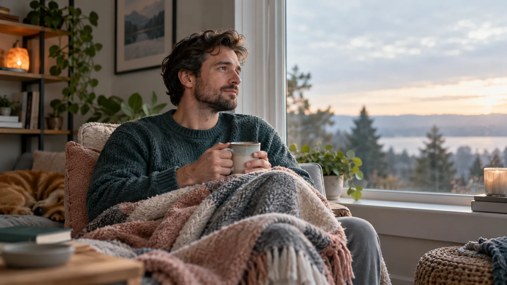 Man resting by a window with a cup of tea on a quiet morning
