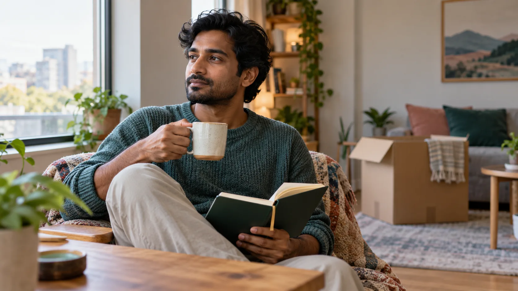Man reflecting with a journal in a newly settled apartment