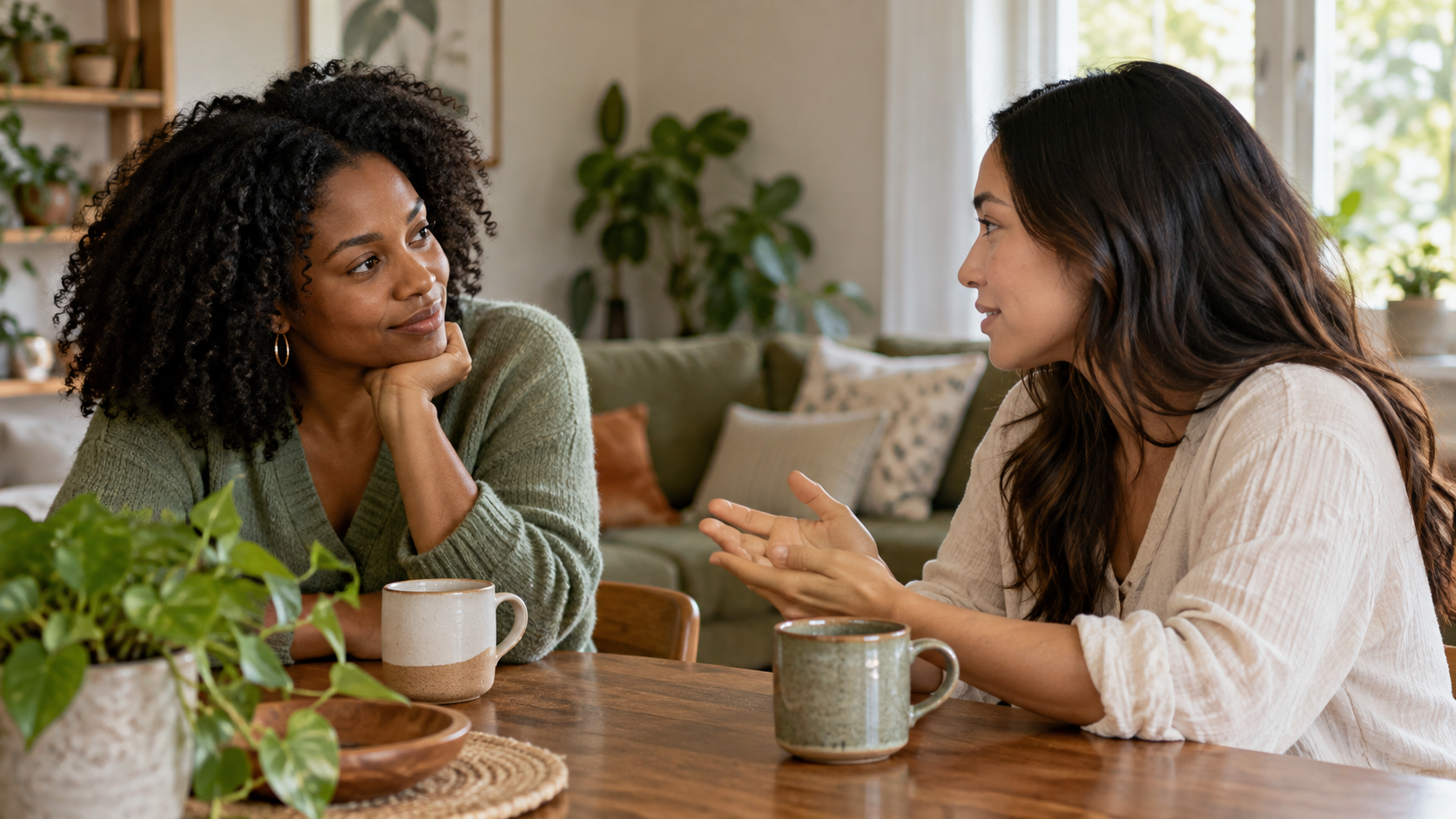 Two women listening to one another during a thoughtful conversation at home