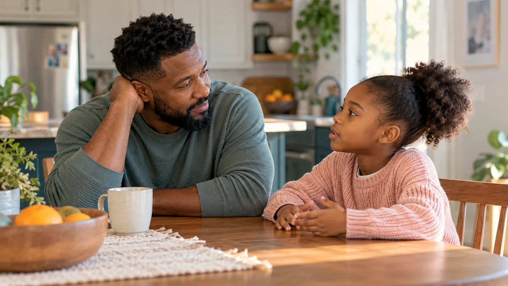 Father listening to his daughter at a kitchen table