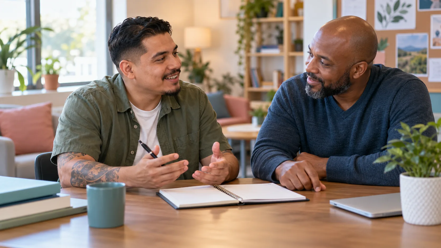 Man speaking with a supportive mentor while planning next steps