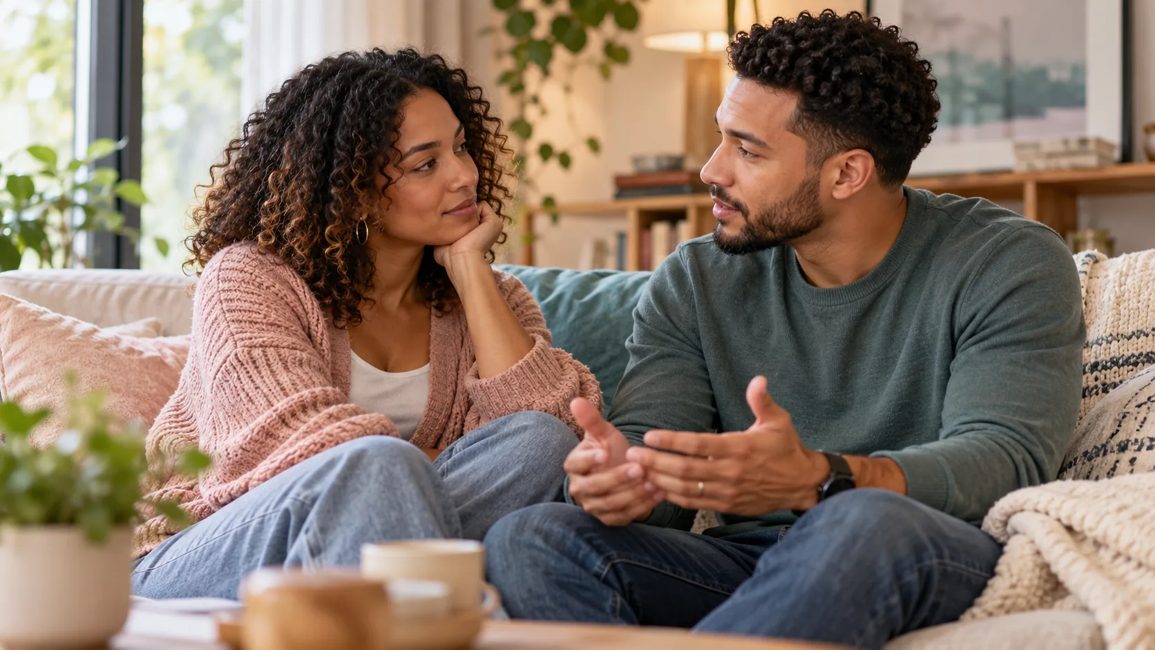Couple listening to one another during a thoughtful conversation at home