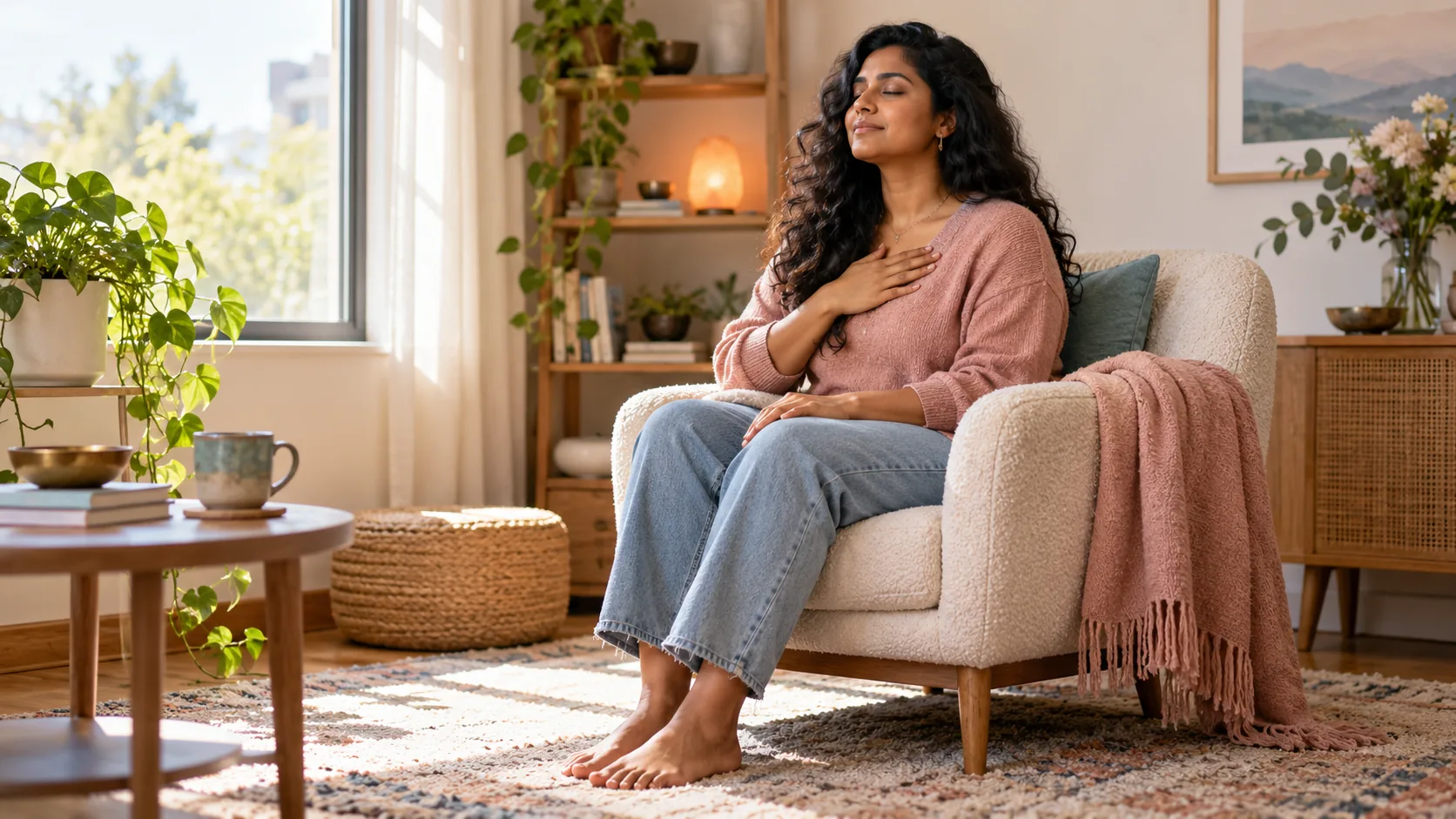 Woman practicing a grounding breath in a peaceful home space