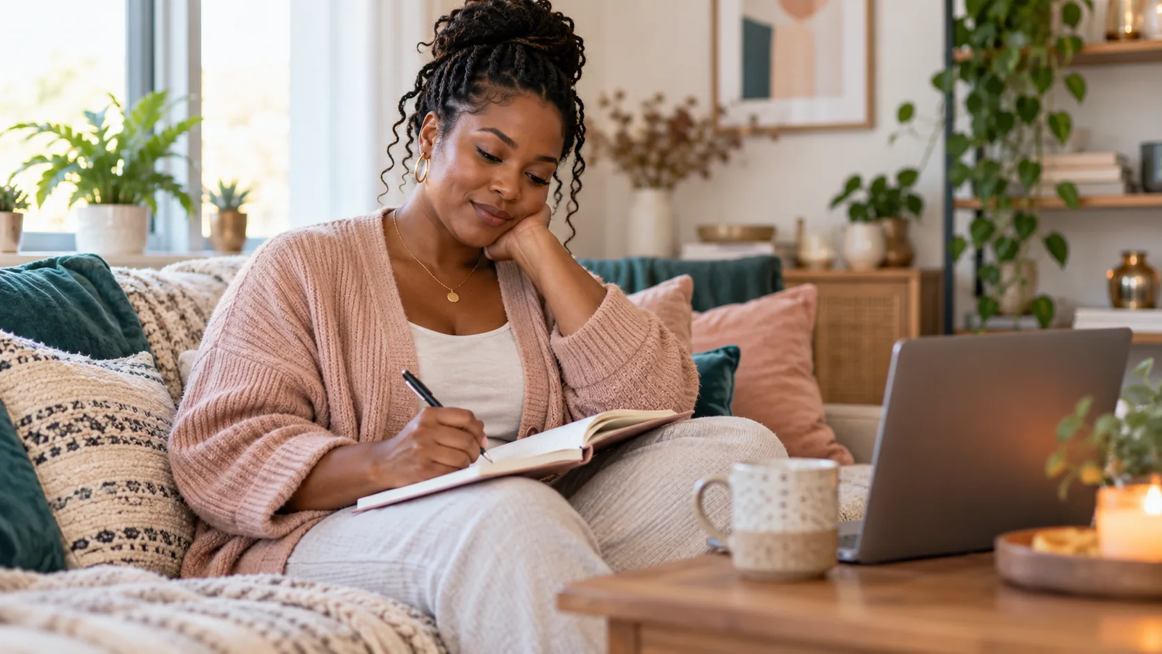 Woman reflecting in a journal after a virtual therapy session