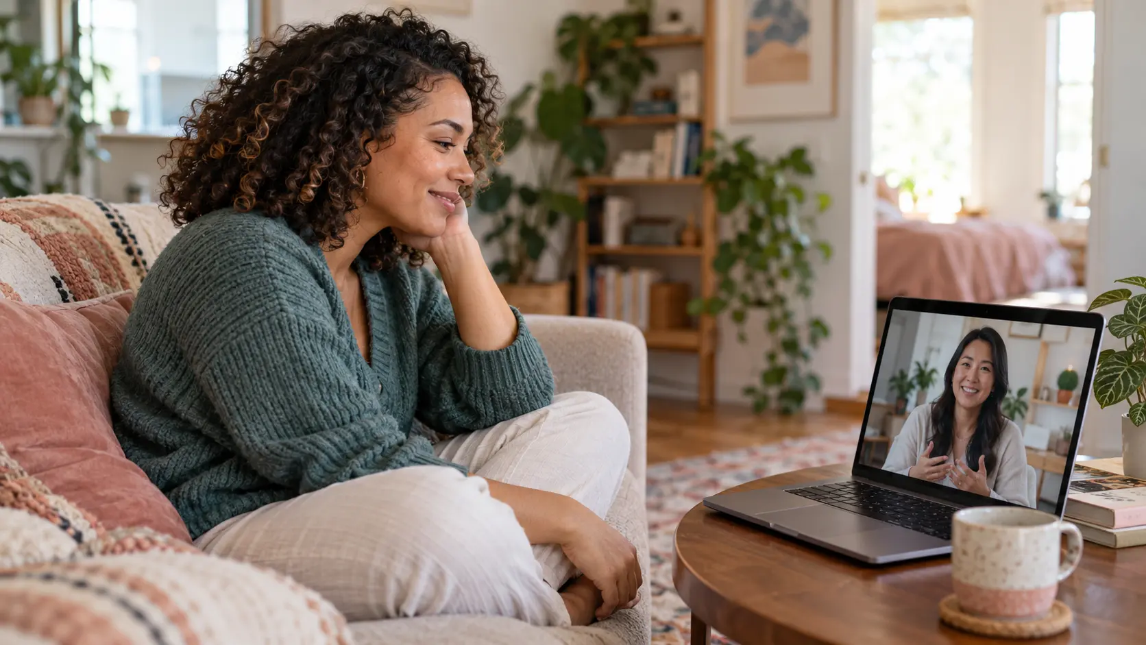 Illustrative virtual therapy conversation between a biracial adult woman and an Asian woman therapist on a laptop screen