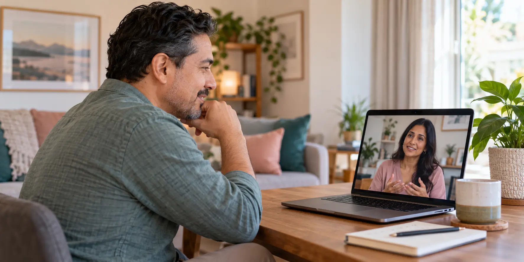 Illustrative virtual therapy conversation between a Latino adult man and a South Asian woman therapist on a laptop screen