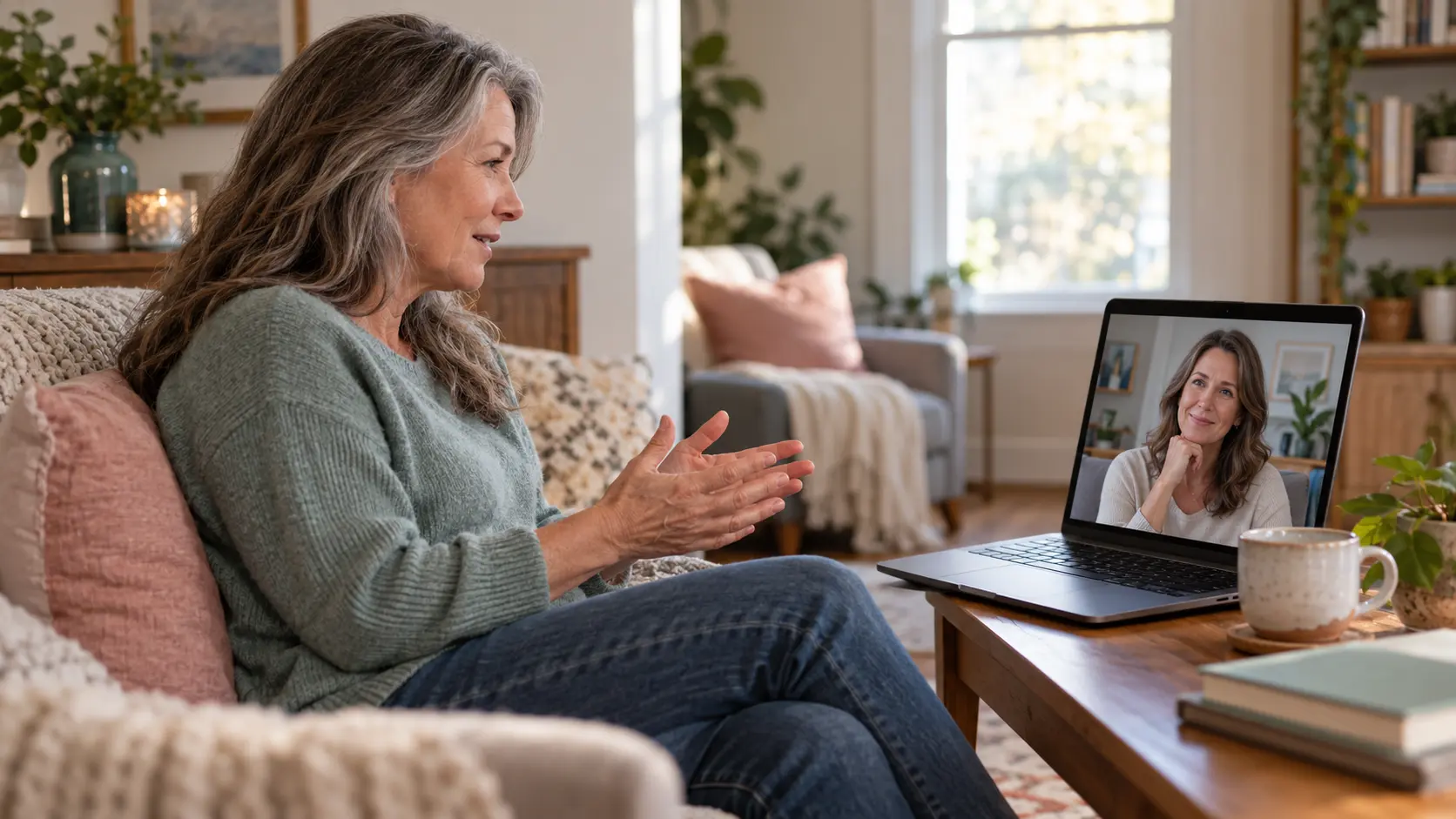 Illustrative virtual therapy conversation between an older White adult woman and a White woman therapist on a laptop screen