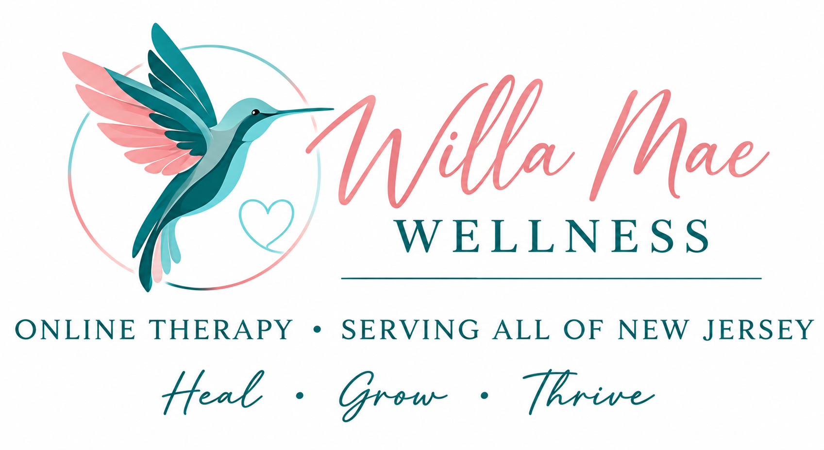Willa Mae Wellness logo with a hummingbird and heart. Online Therapy, Serving All of New Jersey. Heal, Grow, Thrive.